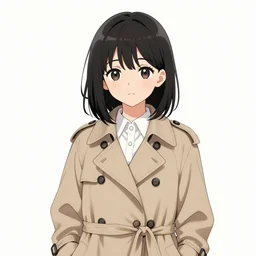 A cute manga girl wearing a stylish trench coat with popped collars by Range Murata, black medium length Dutch bob cut hair with straight bangs, dark eyes, black and white charcoal sketch, Huke, krenz cushart, trending on artstation