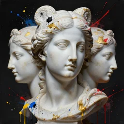 3 d white marble head of goddess, vogue cover style, many black and gold and red paint splatters, blue and yellow and red paint splashes, paint drops whirling in the air, 3 d poster art, high detail, 3 d intricate oil painting, multiple exposure, stanley kubrick mood, hyperrealism, 3 d, by tooth wu and wlop and beeple and greg rut