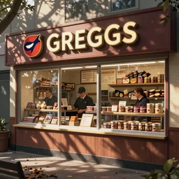 interior of a greggs bakery selling mre field rations during a famine, promotional photograph,