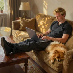 blond man sitting on sofa, laptop on the table, big table near sofa, pomeranian dog sleeping by his side, close up, rich cozy interiors, spatious room, legs on the table, digital painting, hyperrealistic, natural light, volumetric golden dappled dynamic lighting, highly detailed, sharp focus, elegant, by michael komarck, greg rutkowski