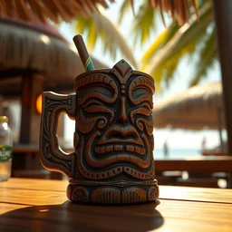 a closeup photorealistic photograph of a wooden iron man style trader vic's tiki mug at the beach bar. bright scene. fine detail. this 4 k hd image is trending on artstation, featured on behance, well - rendered, extra crisp, features intricate detail, epic composition and the style of unreal engine.