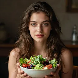 female portrait, with a bowl of salad