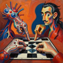 an extremely high quality hd surrealism warm painting of 4 d perspective neon complimentary - colors cartoon surrealism melting sculpture composition of zaha hadid biological anatomical chess hands by a much more skilled version of kandinskypicasso and salvia dali the fourth, salvador dali's much much much much more talented painter cousin, 8 k, ultra realistic, nerves, veins, arteries