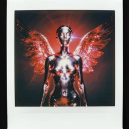 analog vintage photography portrait polaroid of a beautiful futuristic chrome female seraphim soul faceless humanoid form, red color bleed, heavy film grain, bloom, glow