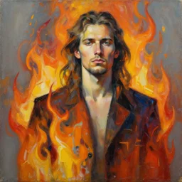 abstract painting of man made of flames, handsome. long hair. Stubble. by craig mullins, featured on artstation. Portrait. Soviet era pose. Stoic.