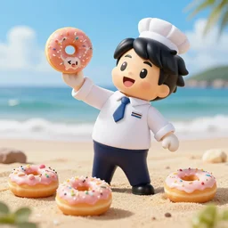 4 5 mm 1 9 8 7 cooking food photography of an corporate mascot at a beach summoning an anime donut, photography by tyler mitchell johfra bosschart