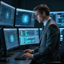 a man in gray corporate suit standing in dark in front of supercomputer with many monitors and displays, focus on monitor with the skynet logo, photorealistic, highly detailed, real life photo 4 k, octane render, trending on artstation, hd