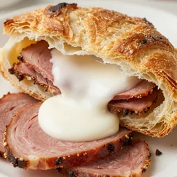 wide open flaky pastrami leaking white bechamel sauce, close up food photography