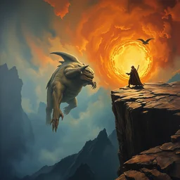 gandalf yeets the balrog of a frickin cliff. a 2 4. artgerm. high detail scene. beksinski. epic ultrarealism. oil on canvas. cinematic wide angle lens