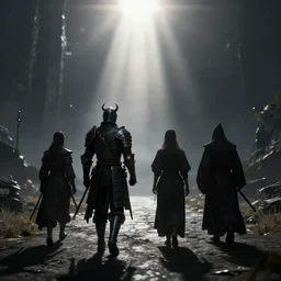 a demon a knight a samurai and a wizard walking away from the camera towards a magnificent landscape, depth of field, perspective, lens flare, from a distance, backlight, rays of shimmering light, tones of black, low contrast color, high contrast light, unreal engine 5, concept art