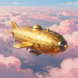 gold galeon as floating airship fly over sea of clouds, pink clouds, noon, inspired by famous digital fantasy artist, anime cartoon style, realistic, award winning, trending artstation