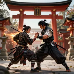Sekiro fighting Ryu Hayabusa in front of a shinto shrine, digital painting, 8k ultra realistic, atmosphere, glow, detailed, cinematic lighting, trending on artstation, 4k, full of color, hyperrealistic, extreme details