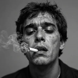 a still from an anti - smoking psa. the still shows a wretched face. black and white, creepy, grey background, 1 9 8 0's aesthetic.