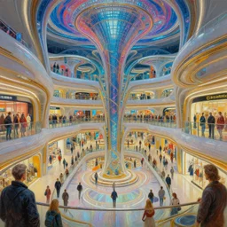detailed intricate portrait of futuristic shopping mall, tim hildebrandt, intricate, elegant, sharp focus, illustration, art by artgerm, bob eggleton, michael whelan, stephen hickman, richard corben, wayne barlowe beautiful psychedelic dmt lighting, hyper detailed, 8 k, oil on canvas 8 k