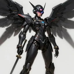uncropped stealthy Feminine mecha (with futuristic jet armor and wings) with a heart visor helmet, symphogear, far shot, full body character portrait, hi-tech, trending on Artstation, black armor, digital painting, concept art, sharp focus, illustration, art by WLOP and Greg Rutkowski