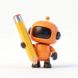 3 d render of a cute orange robot holding a big thick yellow pencil : : empty white background