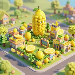 a roblox town made out of lemons, 3d art, octane render, HD, 4K