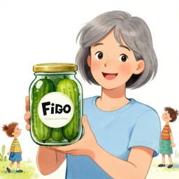 a happy woman with short grey hair proudly holding a fido jar into the camera. the jar is filled with big green pickles. chlidren's illustration by dr. seuss, eric carle, louis wain