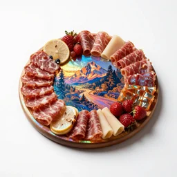 holographic charcuterie board, high detail macro photography, isolated on a pure white background, centered, entire object in frame, sharp focus, soft studio lighting