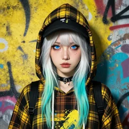 highly detailed portrait of a sewer punk lady student, blue eyes, tartan hoody, hat, white hair by atey ghailan, by greg tocchini, by joe fenton, gradient yellow, black, brown and cyan color scheme, grunge aesthetic!!! ( ( graffiti tag wall ) )