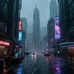 rainy dystopian city from the year 3000, futuristic, neon lights, cyberpunk, atmospheric, detailed, unreal engine, octane render,