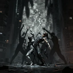 forgiveness in pieces , cybernetic city, dark  shadows hiding behind a wall of envy, past regrets, flexible dancers made by Artgerm, Stanley  Lau, WLOP Rossdraws. ArtStation CGSociety concept art cgsociety octane render trending on artstation, cinematic