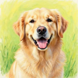 oil pastel art portrait of a happy golden retriever, yellow-green background