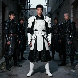fashion model with white ancestral ornate medieval tactical gear standing inside an alleyway, black leather samurai garment, long shot, dark abandoned city streets, by irving penn and storm thorgerson, ren heng, peter elson, alvar aalto