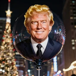 macys parade balloon of a middle aged man!! in a suit with wave blonde hair, press photo, hyper realism