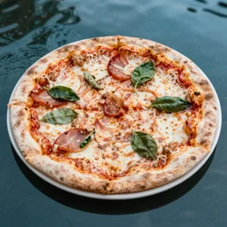 color photo of a pizza on the water. nikon 3 5 mm