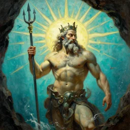 close up of muscular Poseidon with crown and trident rising from the ocean, full body in portrait pose, sun rays , small bird sihouettes  in cyan background , very textured detailed  oil painting by rembrandt , hard backlight , in dark cave