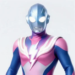 a superhero with white eyes and a pink and blue suit with a whites lightening bolt on his chest. shoots pure energy from his head. marvel universe. great hair. muscled body. logo on chest well proportioned. athletic. cinematic. 4 k. exciting. beautiful hyper - realistic painting. concept. artstation