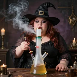 fat witch smokin bong. the witch is smoking a bong.