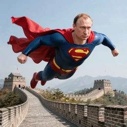 vladimir putin in the suit of superman is flying above the great Chinese wall