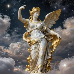 saint woman, venus, athena, beautiful, gracious, baroque marble and gold, space, sistina, stars, puffy clouds, tilt shift, 3 d style light refraction, light reflection, real texture effect, extremely detailed, avantgarde, render, artstation