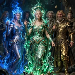 the female arcanist and the male artificer by albert bierstadt and gerald brom and zdzisław beksinski and james gilleard and wayne barlowe and marc simonetti and jean delville, beautiful, robes, highly detailed, hyperrealistic, intricate, energy, electricity, blue flame, low light, green crystal, high contrast