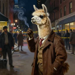 an anthro llama ( with llama face ) wearing a 1 9 4 0's noire detective outfit, standing in the streets of chicago at night looking at a crime scene, smoking, fantasy, intricate, artstation, sharp focus, oil painting, caravaggio,