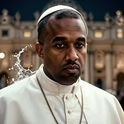 kanye west as the pope pope in the vatican ( gears of war battlefield 5 ), splash art, movie still, cinematic lighting, dramatic, detailed face, octane render, long lens, shallow depth of field, bokeh, anamorphic lens flare, 8 k, hyper detailed, 3 5 mm film grain