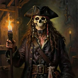 masterpiece portrait painting a dirty skull masked old slim pirate lord with a black hat, long beard, long hair, black coat, ragged and torn, wooden inn by torchlight, by greg rutkowski and noah bradley, trending on artstation