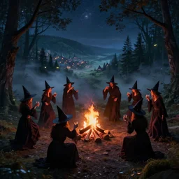 A panoramic photograph of witches dancing in robes and drinking around a campfire at night in a misty forest grove, large landscape with a village in the valley, stars overhead, glowing eyes in the dark, by Greg Rutkowski, 4k photorealistic, volumetric lighting, HD, high details, dramatic, trending on artstation