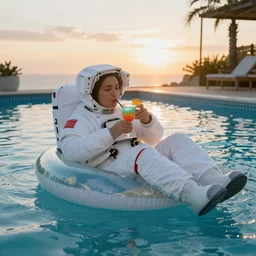 an astronaut sipping a colored cocktail, chilling in an inflatable ring in the middle of a swimming pool at sunset