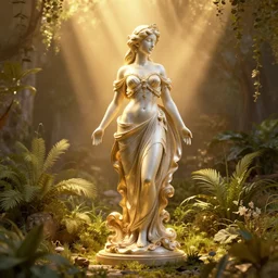 baroque vaporwave statue, high detail, rendered in unreal engine, 3d render, god rays, volumetric lighting, award winning, vegetation, golden light