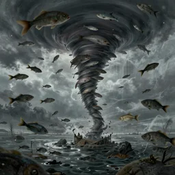 tornado made of thousand fishes illustration artwork cgart trending on artstation by jean giraud many details detailed cinematic
