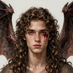 young man with long curly brown hair and blood dripping down his face and large bat wings, face, detailed, intricate, elegant, highly detailed, digital painting, artstation, concept art, smooth, sharp focus, illustration, art by Krenz Cushart and Artem Demura and alphonse mucha
