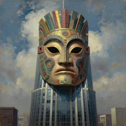 portrait of skyscraper tower wearing an ornate tribal mask, by jacques - louis david, by greg rutkowski, by zdzisław beksinski, by josep tapiro baro, trending on artstation, featured on pixiv, masterpiece, oil on canvas, cinematic composition, dynamic beautiful lighting,