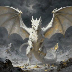 white dragon, big wings, wide angle, greg rutkowski, drark, marvel comics, dark, plutus su, chris scalf, lucas graciano, billy christian, symmetrical, snowy mountains, small city, grey and gold color palette, painting, d & d, fantasy, detailed, realistic, complimentary colors, light, artstation, cinematic, dramatic lighting, close up, storm clouds