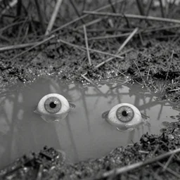 movie still by tarkovsky of eyeballs that are floting in a mud pond, swamp backround, cinestill 8 0 0 t 3 5 mm b & w, heavy grain, high quality, noir, natural textures, photorealistic, ambient occlusion, hd, ultra wide lens, anamorphic, eyes
