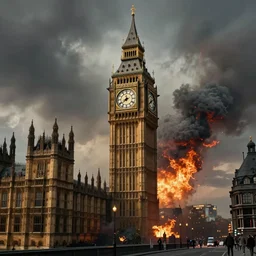 big ben in london surrounded by fire and smoke, concept art by kamal ud - din behzad, featured on artstation, unilalianism, hellish, reimagined by industrial light and magic, lovecraftian