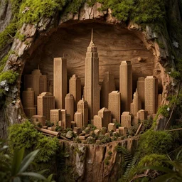 a beautiful realistic detailed city carved in a wood, surrounded by mold and moss, photorealistic, octane render, volumetric lighting,