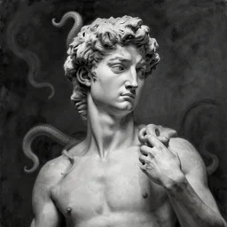 medusa portrait painting, black and white, seductive, dynamic lighting, michelangelo, artstation, detailed, blurred background